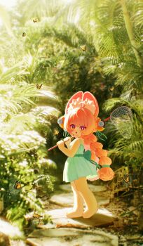 1girl absurdres ahoge alternate_costume animal_ear_fluff animal_ear_piercing animal_ears animal_feet bare_shoulders braid braided_twintails bright_pupils bug butterfly butterfly_net commentary dress full_body furry furry_female grass green_dress hair_ornament hand_net highres holding holding_butterfly_net insect looking_at_viewer open_mouth outdoors pink_fur rabbit_ears rabbit_girl red_eyes screw solo sphere_hair_ornament untranslatable_commentary white_pupils yamisroot zenless_zone_zero zhao_(zenless_zone_zero)