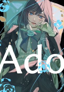 1girl ado_(utaite) black_hair black_pants blue_bow blue_bowtie blue_eyes bow bowtie chando_(ado) character_name coat commentary gloves hashtag-only_commentary hibitose highres long_hair looking_at_viewer mole mole_under_eye open_clothes open_coat open_mouth pants shirt solo utaite white_gloves white_shirt