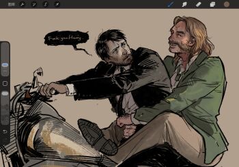 Rule 34 | 2boys, azzz 6687, black hair, black jacket, black necktie, blazer, brown hair, collared shirt, commentary, crossed ankles, disco elysium, english commentary, english text, facial hair, full body, green jacket, green necktie, grin, hair slicked back, hands on another's stomach, harry du bois, highres, hug, hug from behind, jacket, jean vicquemare, looking at another, looking back, male focus, motor vehicle, motorcycle, multiple boys, mutton chops, necktie, on motorcycle, shirt, smile, white shirt