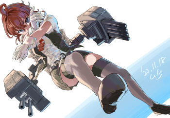 1girl ahoge arashi_(kancolle) ascot asymmetrical_hair black_vest cannon dated depth_charge full_body gegesan gloves grey_thighhighs highres kantai_collection kerchief messy_hair neck_ribbon neckerchief pleated_skirt red_ascot red_hair ribbon rigging school_uniform searchlight shirt short_sleeves signature skirt solo thighhighs torpedo_tubes vest white_background white_gloves white_shirt