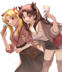 Rule 34 | 2girls, black hair, blonde hair, bow, breasts, camisole, cleavage, ereshkigal (fate), fate/grand order, fate (series), food, hair bow, hair ribbon, highres, ice cream, ice cream cone, ishtar (fate), long hair, long sleeves, looking at viewer, medium breasts, multiple girls, open mouth, parted bangs, red eyes, ri-ko, ribbon, skirt, smile, two side up