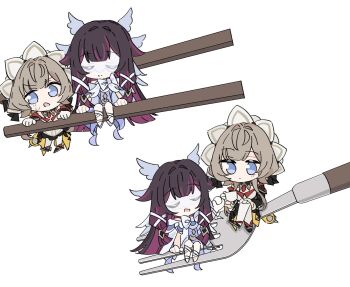 2girls bare_shoulders black_hair blue_eyes bonnet bow brown_hair chibi chibi_only chopsticks closed_eyes closed_mouth columbina_(genshin_impact) commentary detached_collar detached_sleeves dress eye_mask fork gelinzzz genshin_impact gloves hair_ornament head_wings highres long_hair long_sleeves mask multicolored_hair multiple_girls multiple_wings purple_hair purple_streaks ribbon sandrone_(genshin_impact) short_hair_with_long_locks simple_background sitting smile streaked_hair two-tone_hair very_long_hair white_background white_dress white_gloves white_headdress white_wings wing_hair_ornament wings