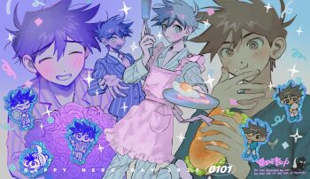 2025 3boys :d :o alternate_eye_color antenna_hair apron bacon barefoot blue_background blue_pants blue_shirt blue_suit blue_sweater blush bossman_hero bouquet bread bright_pupils brown_eyes brown_hair character_name chibi chibi_inset closed_mouth collarbone collared_shirt colored_skin confetti cowboy_shot cross-eyed dark-skinned_male dark_skin dated dinosaur double-parted_bangs dual_persona eating eyebrows_hidden_by_hair facing_viewer fingernails flower food food_on_face formal_clothes fried_egg frilled_apron frills frying_pan gradient_background grin hair_behind_ear hair_between_eyes hands_up happy_birthday hero_(faraway)_(omori) hero_(headspace)_(omori) hero_(omori) herosaurus_(omori) holding holding_bouquet holding_food holding_frying_pan holding_plate holding_sandwich holding_spatula jacket lettuce long_sleeves looking_at_viewer male_focus mmmm_0q multiple_boys multiple_persona necktie official_alternate_eye_color omori one_eye_closed open_mouth pajamas pants pink_apron pink_flower pink_necktie pink_rose pinstripe_jacket pinstripe_pants pinstripe_pattern pinstripe_suit plate purple_background purple_eyes purple_hair purple_jacket purple_pants raised_inner_eyebrows reaching reaching_towards_viewer red_flower red_necktie red_rose rose sandwich sharp_teeth shirt short_hair simple_background smile sparkle spatula standing standing_on_one_leg striped_clothes striped_pajamas striped_pants striped_shirt suit sweat sweater teeth tongue upper_body upper_teeth_only v-neck vertical-striped_clothes vertical-striped_pajamas vertical-striped_pants vertical-striped_shirt very_short_hair watermark white_eyes white_pants white_pupils white_shirt white_skin