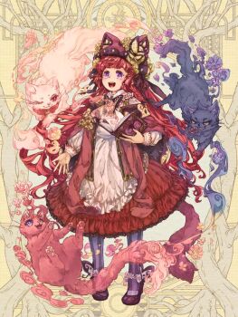 1girl :d angora_hamasaki animal_hat ankle_flower apron arm_at_side black_cat black_ribbon book braid brooch butterfly_brooch butterfly_hat_ornament cat cat_hat cat_tail cloak corsage dairoku_ryouhei dress flower frilled_dress frills full_body gem hand_up hat hat_flower hat_ornament hat_ribbon high_heels holding holding_book jewelry long_hair long_sleeves looking_ahead oboro_kurenai open_book open_hand open_mouth pantyhose peter_pan_collar pink_cat pink_flower pumps purple_eyes purple_flower purple_pantyhose purple_shoes red_cat red_cloak red_dress red_hair red_hat ribbon shoes short_bangs side_braid smile smoke solo standing striped_clothes striped_pantyhose tail two-tone_dress vertical-striped_clothes vertical-striped_pantyhose white_apron white_dress white_flower winged_shoes wings yellow_background yellow_flower