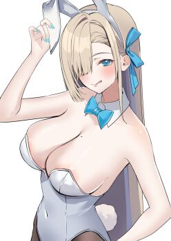 1girl absurdres animal_ear_hairband animal_ears asuna_(blue_archive) asuna_(bunny)_(blue_archive) bare_shoulders blonde_hair blue_archive blue_bow blue_bowtie blue_eyes blush bow bowtie breasts cleavage detached_collar fake_animal_ears fake_tail hair_over_one_eye hair_ribbon hairband highres large_breasts leotard long_hair looking_at_viewer mole mole_on_breast nakano_kura no_halo pantyhose rabbit_ear_hairband rabbit_ears rabbit_tail ribbon smile solo tail tongue tongue_out very_long_hair white_background white_leotard