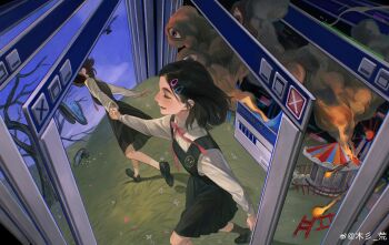 2girls ^_^ absurdres amusement_park bare_tree black_dress black_footwear black_hair black_socks bliss_(image) blue_sky bow bowtie burning carousel clock closed_eyes collared_shirt disembodied_eye dress faceless ferris_wheel fire foot_out_of_frame from_above grass hair_ornament hairclip highres holding_hands hole_in_face loafers long_sleeves microsoft_windows mole mole_under_mouth mu_shan_huang multiple_girls multiple_moles open_mouth original pinafore_dress pink_bow pink_bowtie running scenery school_uniform shirt shoes short_hair sky sleeveless sleeveless_dress smoke socks surreal the_persistence_of_memory tree watermark weibo_watermark white_shirt white_socks window_(computing) windows_95 windows_classic