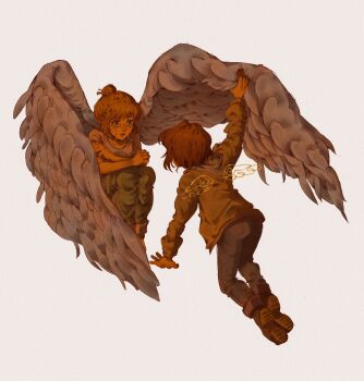 2girls all_fours angel_wings arm_up boots brown_boots brown_hair collarbone commentary crossed_arms crying crying_with_eyes_open denim english_commentary highres hood hooded_jacket jacket jeans kate_marsh knees_up life_is_strange_(series) max_caulfield maxcrackfield multiple_girls pants shirt short_hair short_sleeves simple_background sitting streaming_tears t-shirt tears warm_colored white_background wings