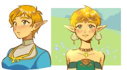 Rule 34 | 1girl, absurdres, alternate hairstyle, ao clover, blonde hair, blush, breasts, dress, earrings, green eyes, highres, jewelry, looking at viewer, multiple views, nintendo, open mouth, pixie cut, pointy ears, princess zelda, short hair, smile, the legend of zelda, the legend of zelda: breath of the wild, the legend of zelda: tears of the kingdom, very short hair