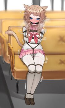 1girl animal_ear_fluff animal_ears arms_behind_back ball_gag bdsm bench blue_eyes blush bondage bound bound_arms bound_legs bound_torso braid braided_sidelock breasts brown_hair cat_ears cat_tail crotch_rope drooling embarrassed female_focus full_body gag gagged hair_ornament hair_ribbon highres indoors kidnapped kidnapping legs legs_together loli long_hair motion_lines mushi_(insect_3) neckerchief original pantyhose pink_skirt public_bondage public_indecency red_neckerchief ribbon sailor_collar saliva saliva_trail sex_toy shaking shaking_head shibari shibari_over_clothes shirt shoes sitting skirt small_breasts solo struggling sweat sweatdrop swept_bangs tail thighhighs thighs twin_braids vibrator vibrator_cord white_pantyhose white_shirt
