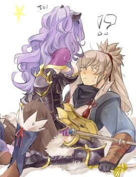 1boy 1girl assertive_female axe bow breasts camilla_(fire_emblem) chignon fire_emblem fire_emblem_fates girl_on_top grey_hair high_heels large_breasts nintendo older_female_and_younger_male orange_eyes purple_hair sideboob simple_background sitting sitting_on_lap sitting_on_person straddling t0sa_f takumi_(fire_emblem) tiara