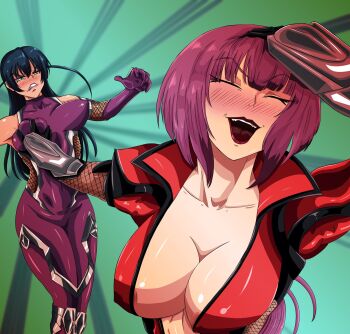 2girls igawa_asagi jujutsu_kaisen long_hair meme multiple_girls naoya_hitting_choso_without_looking_(meme) oboro_(taimanin_asagi) parody taimanin_(series) taimanin_asagi