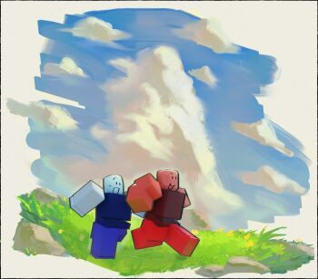2others :d block_tales blue_noob_(block_tales) border cloud cloudy_sky commentary day english_commentary field flxphlx full_body multiple_others open_mouth outdoors painterly red_noob_(block_tales) roblox running sky smile white_border