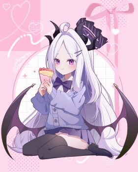 1girl absurdres ahoge black_thighhighs blue_archive commentary_request crepe demon_girl demon_horns demon_wings food halo highres hina_(blue_archive) horns long_hair low_wings purple_eyes purple_skirt ru_(oruoruz) sitting skirt solo thighhighs very_long_hair white_hair wings