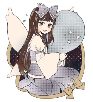 1girl :d balloon blue_bow blue_dress blunt_bangs bow brown_eyes brown_hair commentary_request dress fairy_wings frilled_bow frills from_side hair_bow highres holding holding_balloon long_hair long_sleeves looking_at_viewer mozukuzu_(manukedori) open_mouth smile solo star_sapphire touhou wide_sleeves wings yellow_bow
