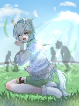 1girl blue_eyes cloud ear_covers flower frilled_shirt_collar frilled_sleeves frills grass green_neckerchief green_shorts grey_hair hair_between_eyes hair_flower hair_ornament highres layered_shirt light_rays long_sleeves neckerchief open_mouth sango0707315 seiun_sky_(umamusume) shirt short_hair shorts single_ear_cover sitting sleepy solo sweat thighhighs umamusume wariza white_shirt white_thighhighs