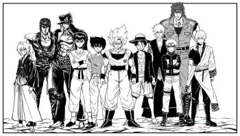 Rule 34 | 6+boys, arm warmers, armor, arms at sides, artist name, belt, black hat, bleach, boots, border, commentary, company connection, covered abs, cross scar, crossed arms, crossover, dougi, dragon ball, dragonball z, english commentary, facial mark, felixmanga, full body, gakuran, gintama, greyscale, hadanugi dousa, hands in pockets, hat, himura kenshin, hokuto no ken, holster, j-stars victory vs, jacket, japanese clothes, jojo no kimyou na bouken, jumpsuit, katana, kenshiro, kimono, kurosaki ichigo, kuujou joutarou, leather, leather jacket, leather pants, looking at viewer, medium hair, monkey d. luffy, monochrome, multiple belts, multiple boys, muscular, muscular male, naruto (series), naruto shippuuden, one piece, open clothes, open kimono, open shirt, pants, pegasus seiya, pompadour, rurouni kenshin, saint seiya, sakata gintoki, sandals, scabbard, scar, school uniform, serious, sheath, sheathed, short hair, shoulder armor, shounen jump, signature, size difference, son goku, spiked hair, standing, stardust crusaders, straw hat, super saiyan, sword, tabi, tall male, tensa zangetsu (bankai), thick eyebrows, thigh holster, toeless legwear, toriko, toriko (series), urameshi yuusuke, uzumaki naruto, weapon, whisker markings, white border, yuu yuu hakusho