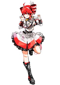 1girl ahoge blush blush_stickers closed_mouth dot_nose drill_hair full_body grey_jacket grey_skirt hands_up highres jacket kasane_teto kasane_teto_(sv) looking_at_viewer mp777b red_eyes red_hair simple_background skirt standing standing_on_one_leg synthesizer_v twin_drills twintails utau white_background