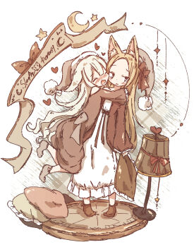 Rule 34 | 2girls, animal ears, blonde hair, blush, cat ears, cat girl, chipie 0114, closed eyes, commentary request, full body, hat, highres, holding, holding pillow, hug, lamp, long hair, long sleeves, multiple girls, nightcap, nightgown, open mouth, original, pillow, socks, standing