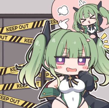 &gt;_&lt; 1girl azur_lane black_jacket blonde_hair blush breasts caution_tape chibi chibi_only commander_(azur_lane) covered_navel drooling gradient_hair green_hair image_in_thought_bubble jacket keep_out large_breasts maggiore_baracca_(azur_lane) mouth_drool multicolored_hair nejikirio official_art one-piece_swimsuit purple_eyes solo swimsuit twintails white_one-piece_swimsuit