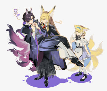 Rule 34 | 1boy, 2girls, ^ ^, animal ear fluff, animal ears, arknights, bare shoulders, black boots, black coat, black gloves, black jacket, black shoes, black skirt, blonde hair, blue dress, blue hairband, boots, braid, braided hair rings, carrying, chinese commentary, closed eyes, closed mouth, coat, coat on shoulders, collared shirt, colored tips, commentary request, dress, earpiece, family, father and daughter, formal clothes, fox boy, fox ears, fox girl, fox tail, frilled dress, frills, full body, gloves, hair between eyes, hair rings, hairband, heart, hetero, highres, husband and wife, infection monitor (arknights), jacket, japanese clothes, kitsune, kyuubi, long hair, long sleeves, material growth, mother and daughter, multicolored hair, multiple girls, multiple tails, necktie, off shoulder, orange eyes, oripathy lesion (arknights), pantyhose, parted lips, princess carry, purple hair, red necktie, reverse princess carry, shirt, shoes, short hair, simple background, single glove, single wrist cuff, skirt, smile, standing, streaked hair, suit, suzuran's father (arknights), suzuran (arknights), tail, twin braids, two-tone hair, vulpisfoglia (arknights), white background, white hair, white pantyhose, white shirt, wrist cuffs, ziyouuuu