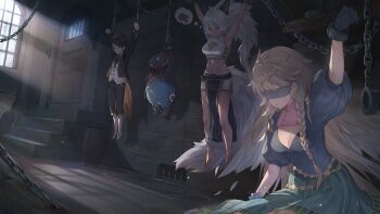 Rule 34 | 1boy, 2girls, alouette (tate no yuusha no nariagari), animal, animal ears, anna (tate no yuusha no nariagari), armpits, arms up, bandana, barefoot, black dress, black ears, black hair, black pants, black suit, blindfold, blonde hair, blue bow, blue bowtie, blue eyes, blue pants, boned meat, boots, bow, bowtie, braid, breasts, buck teeth, chain, cleavage, cleavage cutout, closed eyes, clothed animal, clothing cutout, crop top, cuffs, dark-skinned female, dark room, dark skin, day, dreaming, dress, drooling, dutch angle, food, formal clothes, grate, green skirt, grey hair, grey tail, high ponytail, highres, indoors, labo (tate no yuusha no nariagari), long braid, long sleeves, meat, medium breasts, midriff, multiple girls, navel, non-web source, open mouth, pagani (tate no yuusha no nariagari), pants, ponytail, puffy short sleeves, puffy sleeves, red bandana, restrained, sewer grate, shackles, short sleeves, single braid, skirt, sleeping, suit, sunlight, suspension, tate no yuusha no nariagari, tate no yuusha no nariagari rise, teeth, tuxedo, white boots, window, wooden door