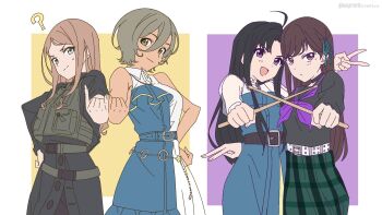 Rule 34 | 4girls, ?, ahoge, aqua ribbon, awa subaru, bang dream!, bang dream! it's mygo!!!!!, belt, belt buckle, black belt, black sailor collar, black shirt, blue dress, blush, brown belt, brown eyes, brown hair, buckle, closed mouth, commentary, cosplay, costume switch, crossover, dress, drumsticks, girls band cry, green skirt, hair between eyes, hair ribbon, highres, holding, holding drumsticks, instrument connection, long hair, long hair between eyes, long sleeves, mole, mole under eye, multiple girls, nagasaki soyo, nagayama momo, neckerchief, open mouth, parted bangs, pinky out, purple eyes, purple neckerchief, ribbon, rupa (girls band cry), sailor collar, shiina taki, shirt, short hair, sidelocks, skirt, sleeveless, sleeveless dress, sweatdrop, twitter username, v, white belt, white dress