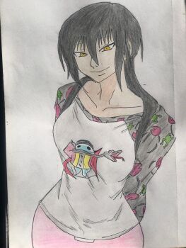 animal_print arms_behind_back black_hair breasts cartoon_print casual_style colored_pencil_(medium) frog_print fruit_pattern highres kill leaning_forward light_smile long_hair long_sleeves looking_at_viewer loose_clothing medium_breasts narrow_shoulders narrow_waist ninja non-web_source off_shoulder original oversized_clothes oversized_shirt pants pink_pants playful_expression printed_shirt raglan_sleeve sharp_eyes shirt side_bangs simple_background slit_pupils smirk solo traditional_media twintails white_background wide_neckline yellow_eyes