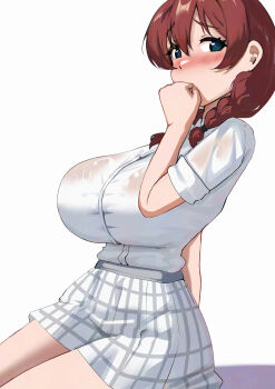 1girl aqua_eyes arm_support blush braid breasts brown_hair collared_shirt commentary_request covering_own_mouth emma_verde freckles hair_between_eyes heart heart-shaped_pupils highres huge_breasts looking_at_viewer love_live! love_live!_nijigasaki_high_school_idol_club low_twin_braids nijigasaki_school_uniform pisagi pleated_skirt school_uniform shirt shirt_tucked_in short_sleeves sidelocks simple_background sitting skirt solo symbol-shaped_pupils twin_braids wet wet_clothes wet_shirt white_background white_shirt white_skirt