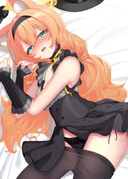 1girl animal_ear_fluff animal_ears black_hairband black_panties blue_archive blush breasts clothes_pull comiket_107 commentary_request green_eyes hairband long_hair mari_(blue_archive) mari_(idol)_(blue_archive) open_mouth orange_hair panties pantyhose pantyhose_pull ribbon solo tetranono underwear yellow_ribbon