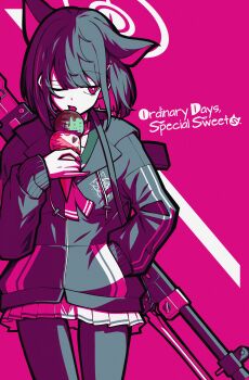 1girl absurdres animal_ears black_hair black_jacket black_pantyhose blue_archive bren_lmg cat_ears cat_girl colored_inner_hair commentary cowboy_shot eating english_text extra_ears food gun hair_ornament hairclip halo hand_in_pocket highres holding holding_food holding_ice_cream ice_cream jacket kazusa_(blue_archive) light_machine_gun long_sleeves looking_to_the_side machine_gun miniskirt multicolored_hair n_(l6355043087606) neckerchief one_eye_closed open_mouth pantyhose pink_hair pink_neckerchief pink_theme pleated_skirt short_hair skirt solo standing weapon weapon_on_back white_skirt