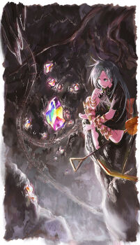 1girl absurdres arm_bow barefoot black_shirt black_skirt bow cave commentary_request full_body gem grey_eyes grey_hair highres himemushi_momoyo hisona_(suaritesumi) holding holding_gem jewelry long_hair looking_to_the_side mine_(place) on_ground orange_bow ring shirt short_sleeves shovel sitting skirt solo tongue tongue_out touhou wrist_bow