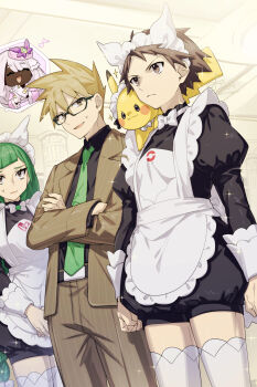 Rule 34 | 2boys, 2girls, 88 (einnimnech), apron, black hair, black romper, black shirt, blue oak, blunt bangs, bow, bowtie, braid, brown eyes, brown hair, brown jacket, brown pants, closed eyes, closed mouth, collared shirt, crossdressing, crossdressing (mtf), crossed arms, dark-skinned female, dark skin, dress, fascinator, formal clothes, frills, gen 1 pokemon, glasses, glove bow, gloves, green hair, green necktie, hair ornament, highres, jacinthe (pokemon), jacket, juliet sleeves, lebanne (pokemon), long hair, long sleeves, maid, maid apron, maid headdress, mega stone, multiple boys, multiple girls, necktie, nintendo, on shoulder, open mouth, pants, pikachu, pokemon, pokemon (creature), pokemon legends: z-a, pokemon on shoulder, puffy sleeves, purple dress, purple hair, red (pokemon), romper, shirt, short hair, smile, spiked hair, suit, sweatdrop, thighhighs, tsurime, very dark skin, white apron, white bow, white bowtie, white gloves, white headdress, white thighhighs