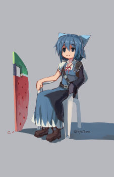 Rule 34 | 1girl, absurdres, advent cirno, blue bow, blue dress, blue eyes, blue hair, bow, brown footwear, cirno, closed mouth, dress, full body, grey background, hair bow, highres, meme, monobloc (chair), nagilamagykalz, short sleeves, shoulder guard, simple background, sitting, smile, solo, touhou, twitter username, vergil's chair (meme), watermelon sword