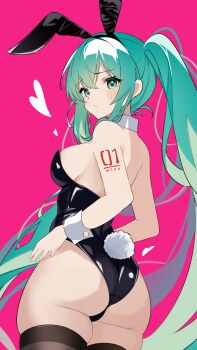 1girl absurdres alternate_costume animal_ear_hairband animal_ears aqua_eyes aqua_hair arm_tattoo ass bare_shoulders black_leotard blush breasts brown_thighhighs coco_irasuto commentary_request cowboy_shot detached_collar fake_animal_ears fake_tail from_behind hair_between_eyes hairband hatsune_miku heart highres leotard light_frown long_hair looking_at_viewer looking_back medium_breasts number_tattoo pink_background playboy_bunny rabbit_ear_hairband rabbit_ears rabbit_tail sideboob sidelocks simple_background skindentation solo standing strapless strapless_leotard tail tattoo thighhighs twintails very_long_hair vocaloid wrist_cuffs