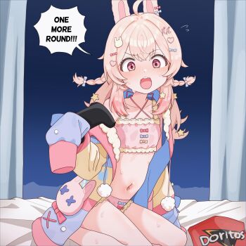 1girl absurdres animal_ears bra braid commentary controller criss-cross_halter doritos english_commentary english_text flat_chest game_controller gamepad hair_ornament halterneck heart heart_hair_ornament highres holding holding_controller holding_game_controller jacket loli long_hair long_sleeves looking_at_viewer navel onion_(tamanegi) open_mouth panties phase_connect pink_bra pink_eyes pink_hair pink_panties pipkin_pippa rabbit_ears rabbit_girl rabbit_hair_ornament sleeves_past_fingers sleeves_past_wrists solo speech_bubble teeth twin_braids underwear upper_teeth_only virtual_youtuber