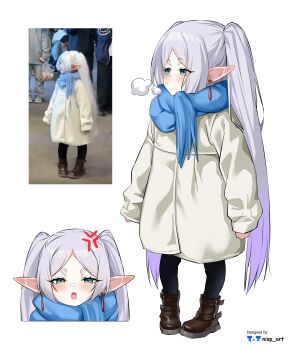 1girl absurdres aged_down anger_vein artist_name blue_scarf boots brown_boots coat commentary earrings elf english_commentary floating_earrings frieren green_eyes grey_hair highres jewelry long_hair nisp_art oversized_clothes photo-referenced photo_inset pointy_ears reference_inset scarf solo sousou_no_frieren twintails very_long_hair white_background white_coat