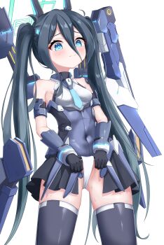 1girl :| absurdres aqua_necktie aris_(blue_archive) aris_(mecha_suit)_(blue_archive) bare_shoulders black_gloves black_hair black_skirt black_thighhighs blue_archive blue_eyes blush breasts closed_mouth commentary_request covered_navel detached_sleeves elbow_gloves gloves green_halo hair_between_eyes halo highres holding holding_panties holding_underwear holding_unworn_clothes leotard long_hair mecha medium_breasts necktie panties pleated_skirt robot skirt solo sweat thighhighs thighs twintails underwear very_long_hair white_background white_panties yoowaru