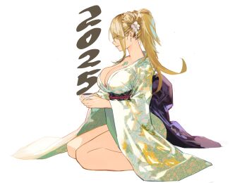 1girl 2025 blonde_hair breasts chest_jewel cleavage cup earrings eyes_visible_through_hair flower full_body hair_flower hair_ornament high_ponytail highres holding holding_cup j@ck japanese_clothes jewelry kimono kneeling large_breasts mythra_(xenoblade) parted_lips ponytail profile solo swept_bangs white_background xenoblade_chronicles_(series) xenoblade_chronicles_2 yellow_eyes