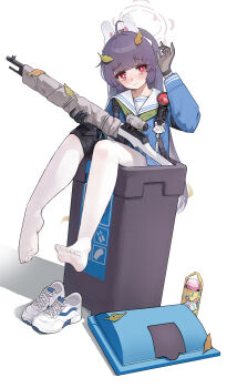 1girl absurdres ahoge animal_ears black_gloves black_hair blue_archive blue_serafuku blush bolt_action closed_mouth commentary fake_animal_ears gloves green_neckerchief grey_gloves grey_halo gun halo hand_up highres holding holding_gun holding_weapon in_container in_trash_can knee_pads leaf leaf_on_head long_hair long_sleeves looking_at_viewer loushao miyu_(blue_archive) mosin-nagant multicolored_gloves neckerchief pantyhose rabbit_ears recycle_bin red_eyes rifle school_uniform serafuku shoes simple_background single_knee_pad solo trash_can two-tone_gloves untranslatable_commentary unworn_shoes weapon white_background white_pantyhose white_shoes
