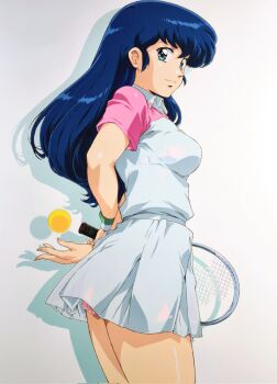 1girl arms_behind_back ball belt blue_eyes blue_hair breasts closed_mouth collared_dress commentary_request cowboy_shot dress drop_shadow frilled_panties frills from_side highres holding holding_tennis_racket impossible_clothes impossible_dress long_hair looking_at_viewer looking_to_the_side maison_ikkoku medium_breasts otonashi_kyouko panties pantyshot pink_panties racket short_dress smash_k-tarou smile solo standing tennis_ball tennis_racket thighs underwear white_belt white_dress wristband