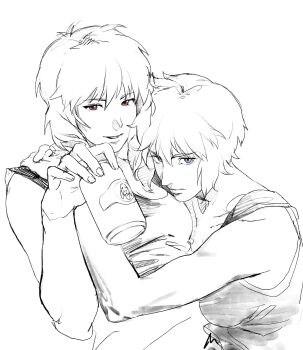 aizheajsee blue_eyes can ghost_in_the_shell ghost_in_the_shell:_stand_alone_complex greyscale highres holding holding_can hug kusanagi_motoko looking_at_viewer medium_hair monochrome multiple_persona red_eyes spot_color white_background