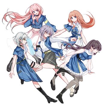 Rule 34 | 5girls, :3, bang dream!, bang dream! it's mygo!!!!!, belt, black belt, black boots, black choker, black hair, blue belt, blue dress, blue eyes, blue jacket, blue shirt, boots, brown hair, chihaya anon, chinese commentary, choker, collared shirt, commentary request, dress, earrings, fang, fishnet thighhighs, fishnets, floating hair, frilled jacket, frills, grey hair, grey pantyhose, grey skirt, highres, jacket, jewelry, kaname raana, long hair, meeime114514, midriff, multiple girls, mygo!!!!! (bang dream!), nagasaki soyo, open clothes, open jacket, open mouth, pantyhose, pink hair, purple eyes, shiina taki, shirt, short hair, short sleeves, simple background, single thighhigh, skin fang, skirt, takamatsu tomori, thighhighs, watermark, white background, white dress, white hair, white shirt, white skirt, yellow belt, yellow eyes