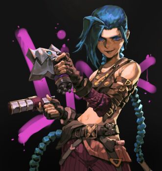 1girl arcane:_league_of_legends arcane_jinx arm_warmers asymmetrical_bangs bare_shoulders belt belt_buckle black_background blue_hair braid breasts buckle chomper closed_mouth cowboy_shot crop_top explosive fingerless_gloves gloves graffiti grenade gun handgun hieumay highres holding holding_grenade holding_gun holding_weapon jinx_(league_of_legends) league_of_legends leaning_back lips long_hair looking_at_viewer navel nose pants purple_pants simple_background small_breasts smile solo standing striped_clothes striped_pants twin_braids vertical_stripes very_long_hair weapon