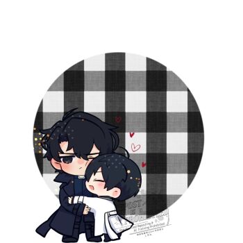 2boys ;/ black_coat black_eyes black_hair black_shirt closed_eyes coat collared_shirt commentary double-parted_bangs full_body hair_between_eyes heart height_difference highres hug kim_dokja kimidori_22 male_focus multiple_boys omniscient_reader&#039;s_viewpoint one_eye_closed open_clothes open_coat popped_collar shirt short_hair standing symbol-only_commentary white_coat yoo_joonghyuk