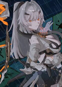 1girl absurdres breasts cleavage cleavage_cutout closed_mouth clothing_cutout erdos_helia erdos_helia_(planar_armament:_warped_spacetime) grey_hair highres honkai_(series) honkai_impact_3rd large_breasts long_hair looking_at_viewer looking_to_the_side nzg_09 orange_eyes outdoors ponytail rain solo watermark