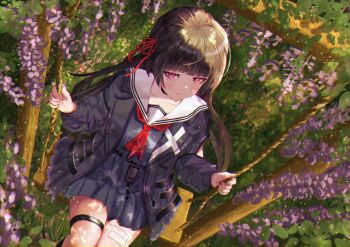 Rule 34 | 1girl, absurdres, black hair, black serafuku, black shirt, black skirt, chisa (wuthering waves), closed mouth, collarbone, commentary request, from above, hair ribbon, highres, honeylv3, long hair, mole, mole under eye, neckerchief, on swing, red eyes, red neckerchief, red ribbon, revision, ribbon, sailor collar, school uniform, serafuku, shirt, sitting, skirt, solo, swing, swing set, white sailor collar, wuthering waves