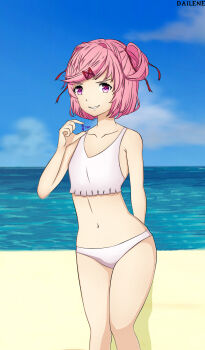 1girl beach bikini breasts cloud dailene derivative_work doki_doki_literature_club female_focus flat_chest grin hair_ornament hair_ribbon hairclip highres humiliation looking_at_viewer natsuki_(doki_doki_literature_club) ocean petite pink_eyes pink_hair red_ribbon ribbon sand short_hair short_twintails small_breasts small_penis_humiliation smile smug solo swimsuit tiny_gesture traced traced_art twintails watermark white_bikini