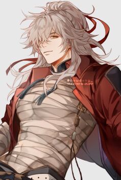 Rule 34 | 1boy, absurdres, bandaged chest, belt, black pants, blade (elation) (honkai: star rail) cosplay, blade (honkai: star rail), closed mouth, coat, collared coat, commentary, cosplay, dutch angle, english commentary, hair over one eye, hair ribbon, highres, honkai: star rail, honkai (series), howdong, jing yuan, light smile, long hair, male focus, mandarin collar, mole, mole under eye, one eye covered, pants, red coat, red ribbon, ribbon, solo, watermark, white background, white belt, white hair, wing collar, yellow eyes