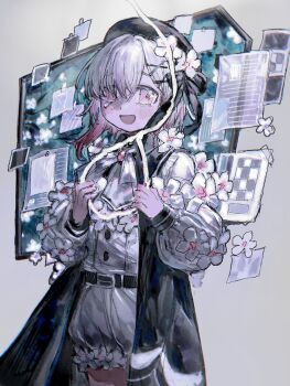 1girl belt beret black_belt black_dress black_hat cherry_blossoms chinese_commentary churi_lan commentary_request cowboy_shot dress flower gradient_hair grey_hair hair_flower hair_ornament hat highres holding holding_rope long_sleeves looking_at_viewer mahou_shoujo_no_majo_saiban multicolored_hair noose open_mouth paper pink_eyes rope sad_smile sakuraba_ema shirt short_hair smile solo standing tearing_up white_flower white_shirt x_hair_ornament