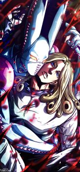 Rule 34 | 1boy, 1other, absurdres, araki hirohiko (style), argyle clothes, argyle gloves, blonde hair, blood, blood splatter, blue eyes, blue skin, coat, colored skin, commentary, dirty deeds done dirt cheap, english commentary, funny valentine, gloves, glowing, glowing eyes, highres, jojo no kimyou na bouken, long hair, looking at viewer, mask, mouth mask, no mouth, noonvincent, purple shirt, recolored, shirt, stand (jojo), steel ball run, white coat, white gloves, yellow eyes